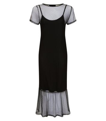 Black Spot Print Mesh Midi Dress New Look