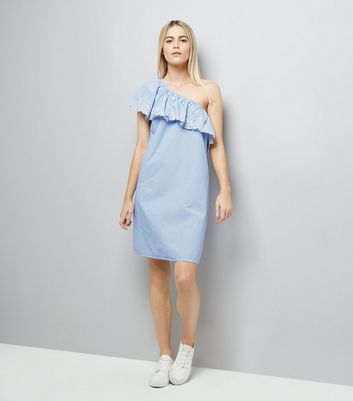 Blue Stripe Crochet Lace Off the Shoulder Dress New Look