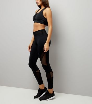 Black Mesh Panel Sports Leggings | New Look