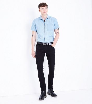 Blue Patterned Short Sleeve Denim Shirt New Look