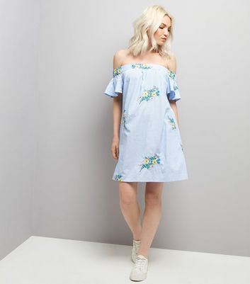 Petite Blue Stripe Floral Embroidered Bardot Neck Dress New Look