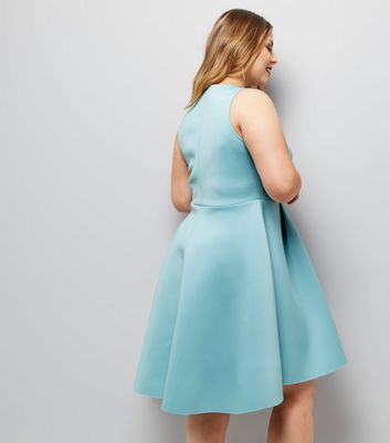 Curves Pale Blue Scuba Dip Hem Skater Dress New Look