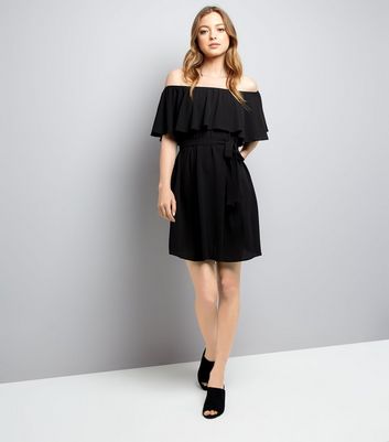 Black Frill Layered Bardot Neck Dress New Look