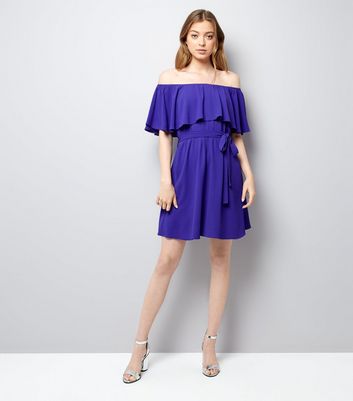 Purple Frill Layered Bardot Neck Dress New Look