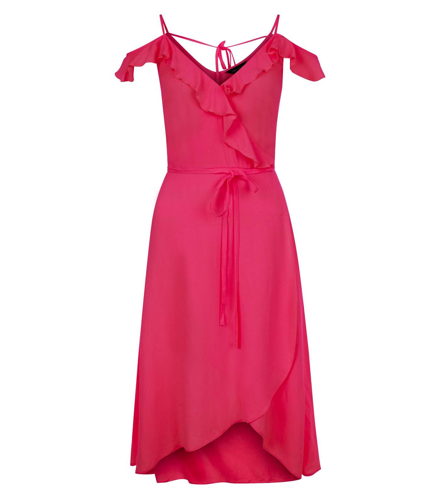 Deep Pink Frill Trim Wrap Front Midi Dress Image 3