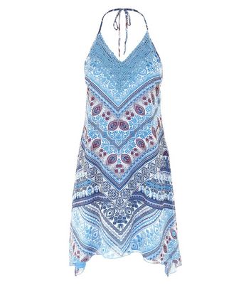 Blue Paisley Print Hanky Hem Halter Neck Dress New Look