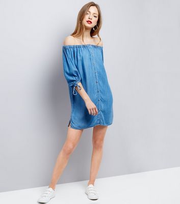 Blue Bardot Neck Denim Dress New Look