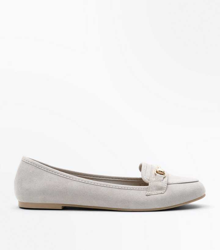 Grey Suedette Metal Trim Loafers