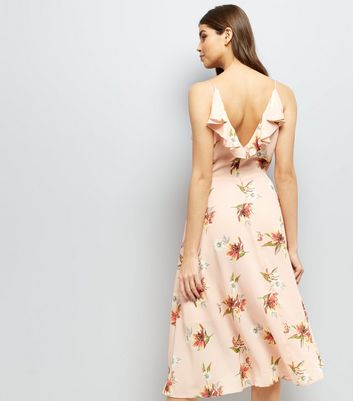 Shell Pink Floral Print Frill Trim Front Midi Dress New Look