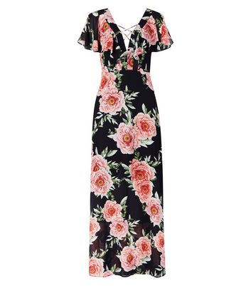Black Floral Print Lattice Front Maxi Dress New Look