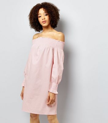 Mid Pink Shirred Bardot Neck Dress New Look