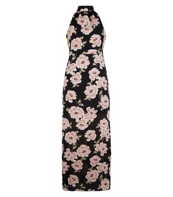 Petite Black Floral Print Halter Neck Maxi Dress New Look