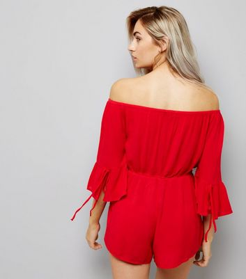 Petite Red Bell Sleeve Bardot Neck Playsuit New Look