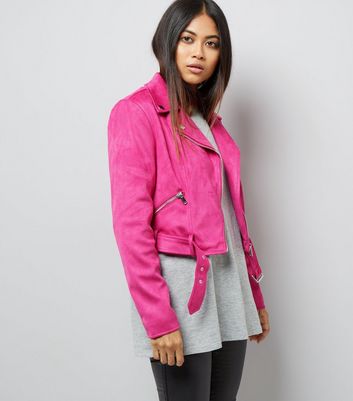 Petite Bright Pink Suedette Biker Jacket New Look