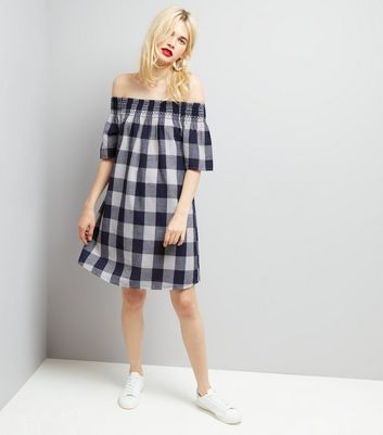 Blue Gingham Shirred Bardot Neck Dress New Look
