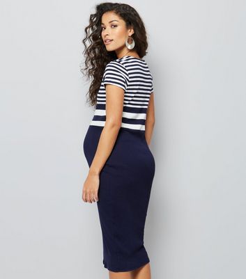 Maternity Navy Striped Colour Block Ribbed Midi Dress New Look