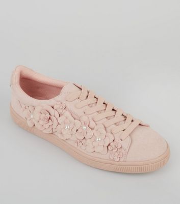 Pink Suedette 3D Flower Trainers | New Look