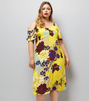 Curves Yellow Floral Cold Shoulder Midi Dress New Look