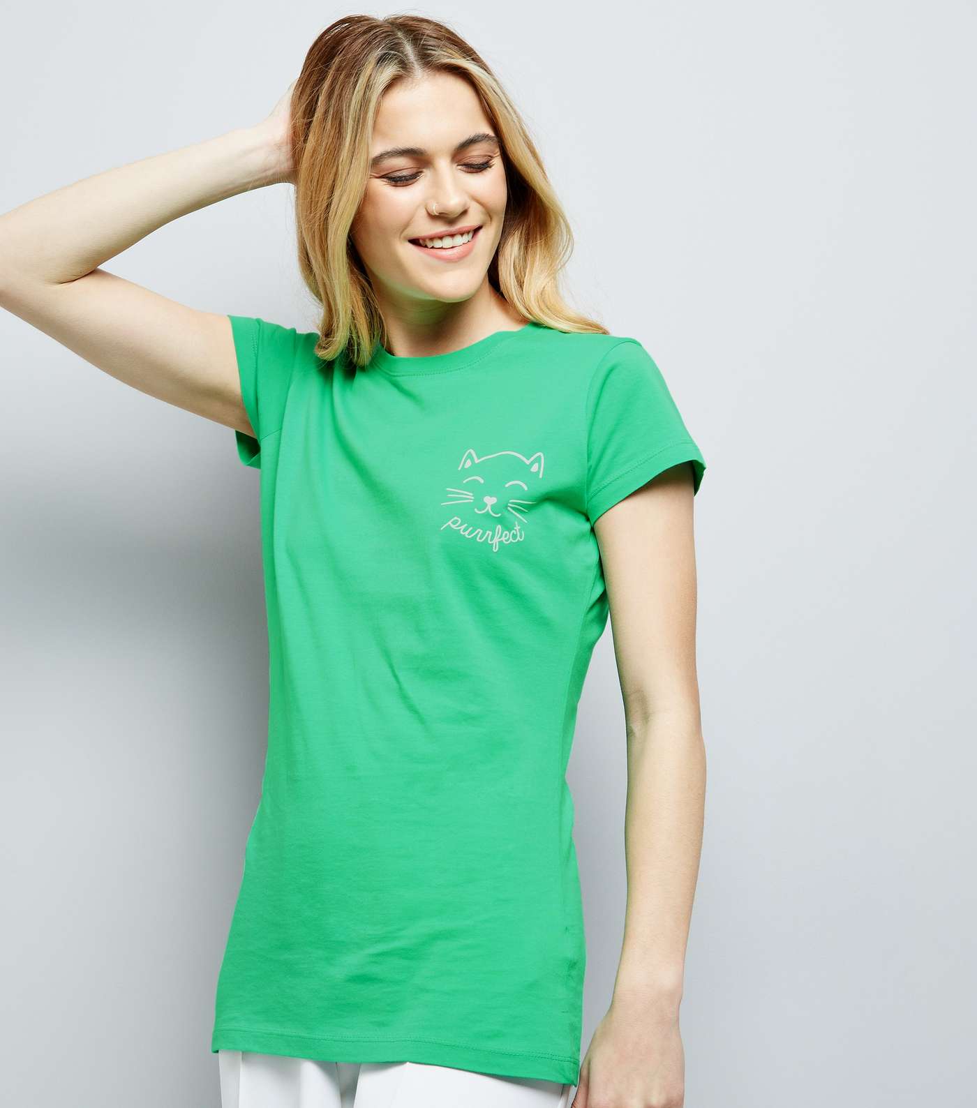 Green Purrfect Cat Print Short Sleeve T-Shirt 