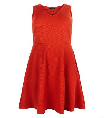Curves Red Lattice Neckline Skater Dress New Look