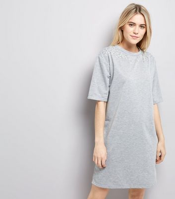 Grey Pearl Studded T-Shirt Dress New Look