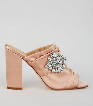pink satin block heels