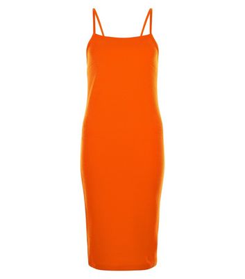 Bright Orange Ribbed Bodycon Midi Dress New Look