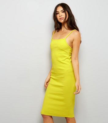 Yellow Ribbed Bodycon Midi Dress New Look