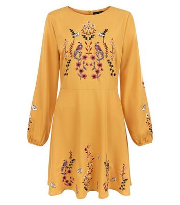 Yellow Bird Embroidered Skater Dress New Look