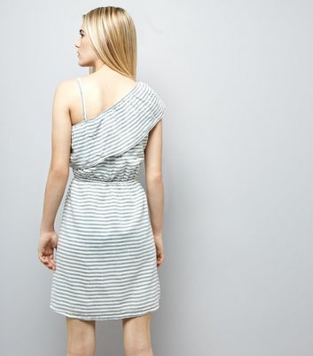 White Stripe Frill Trim Off the Shoulder Dress New Look