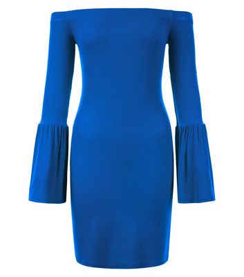 Blue Ribbed Bell Sleeve Bardot Neck Bodycon Dress New Look