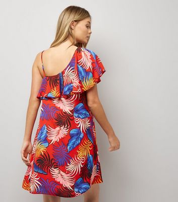 Red Tropical Leaf Print One Shoulder Dress New Look