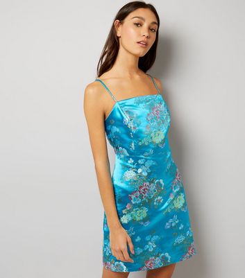 Blue Floral Print Jacquard Slip Dress New Look