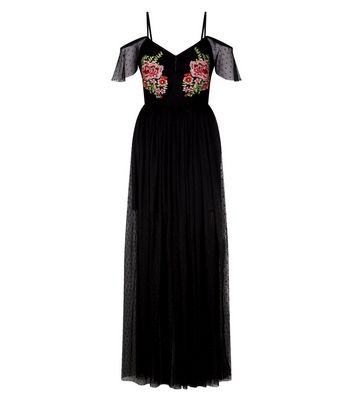Black Floral Embroidered Mesh Maxi Dress New Look