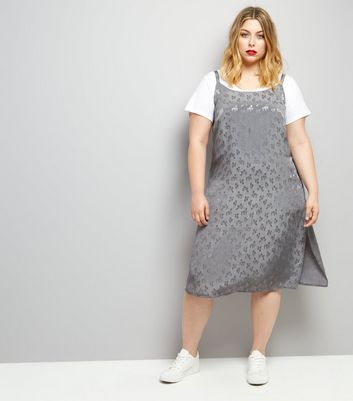 Curves Grey Sateen Floral Jacquard Slip Dress New Look