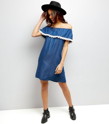 Loving This Blue Denim Bardot Neck Lace Trim Dress New Look