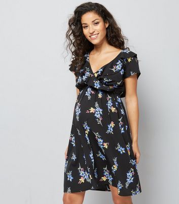 Maternity Black Floral Print Frill Wrap Front Dress New Look