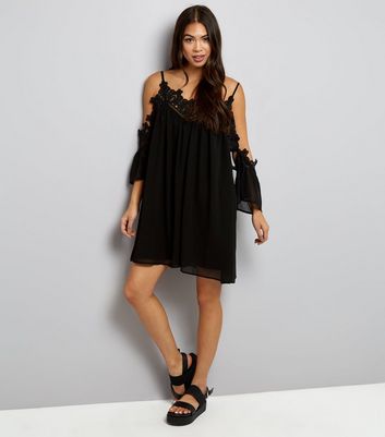 Tall Black Lace Trim Cold Shoulder Dress New Look