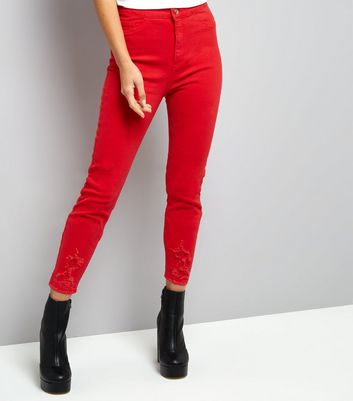 red high waisted skinny jeans