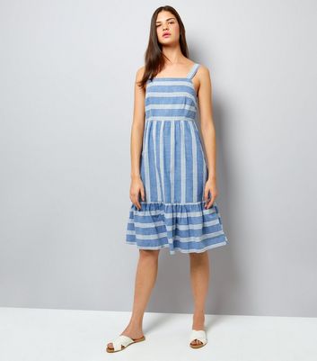 Blue Stripe Frill Hem Midi Dress New Look