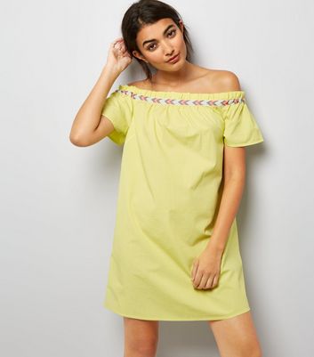 Green Neon Embroidered Trim Cold Shoulder Dress New Look