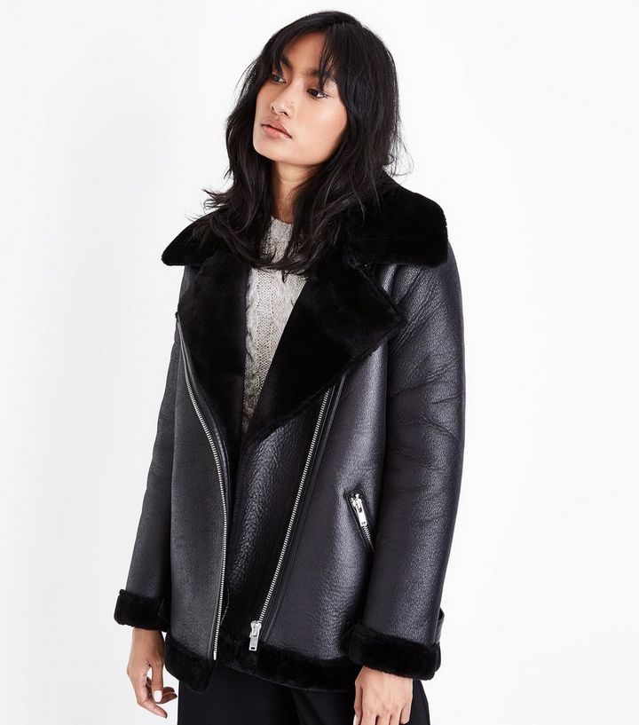 Black Faux Fur Lined Aviator Jacket New Look The Look