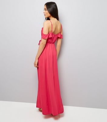Pink Frill Strap Cold Shoulder Maxi Dress New Look