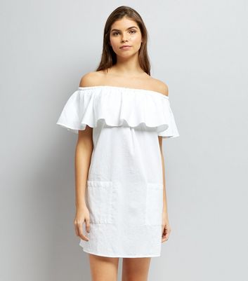 White Frill Trim Bardot Neck Dress New Look