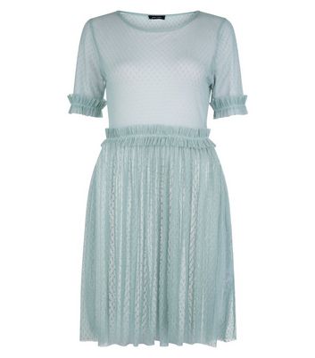 Pale Blue Spot Mesh Frill Trim Skater Dress New Look
