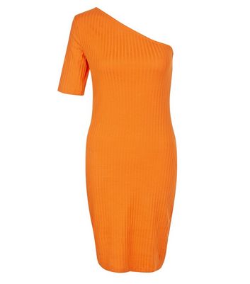 Orange Ribbed One Shoulder Bodycon Dress New Look