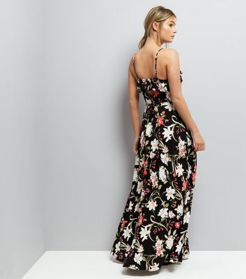 Black Floral Print Frill Trim Maxi Dress New Look