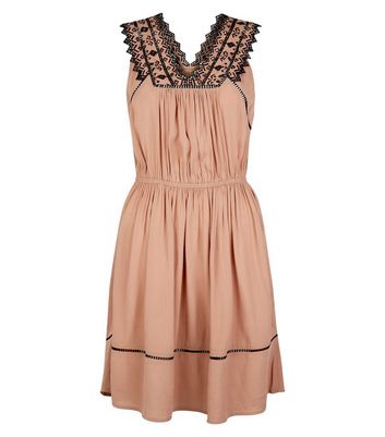 Brown Embroidered V Neck Dip Hem Dress New Look