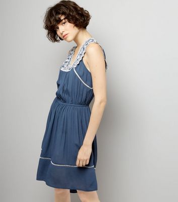 Blue Embroidered V Neck Dip Hem Dress New Look