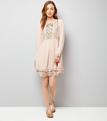 Shell Pink Embroidered Crochet Trim Smock Dress New Look